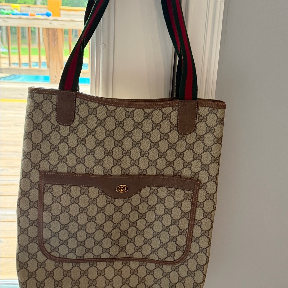 Gucci Beige Brown GG Canvas Tote with Green-Red Web Straps